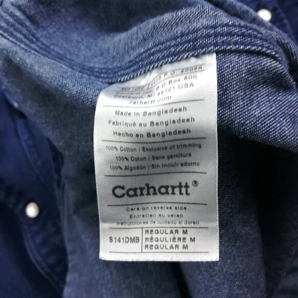 Vintage Carhartt Denim Pearl Snap Shirt Mens Medium Blue Heavy Western Work S141 - Picture 5 of 10